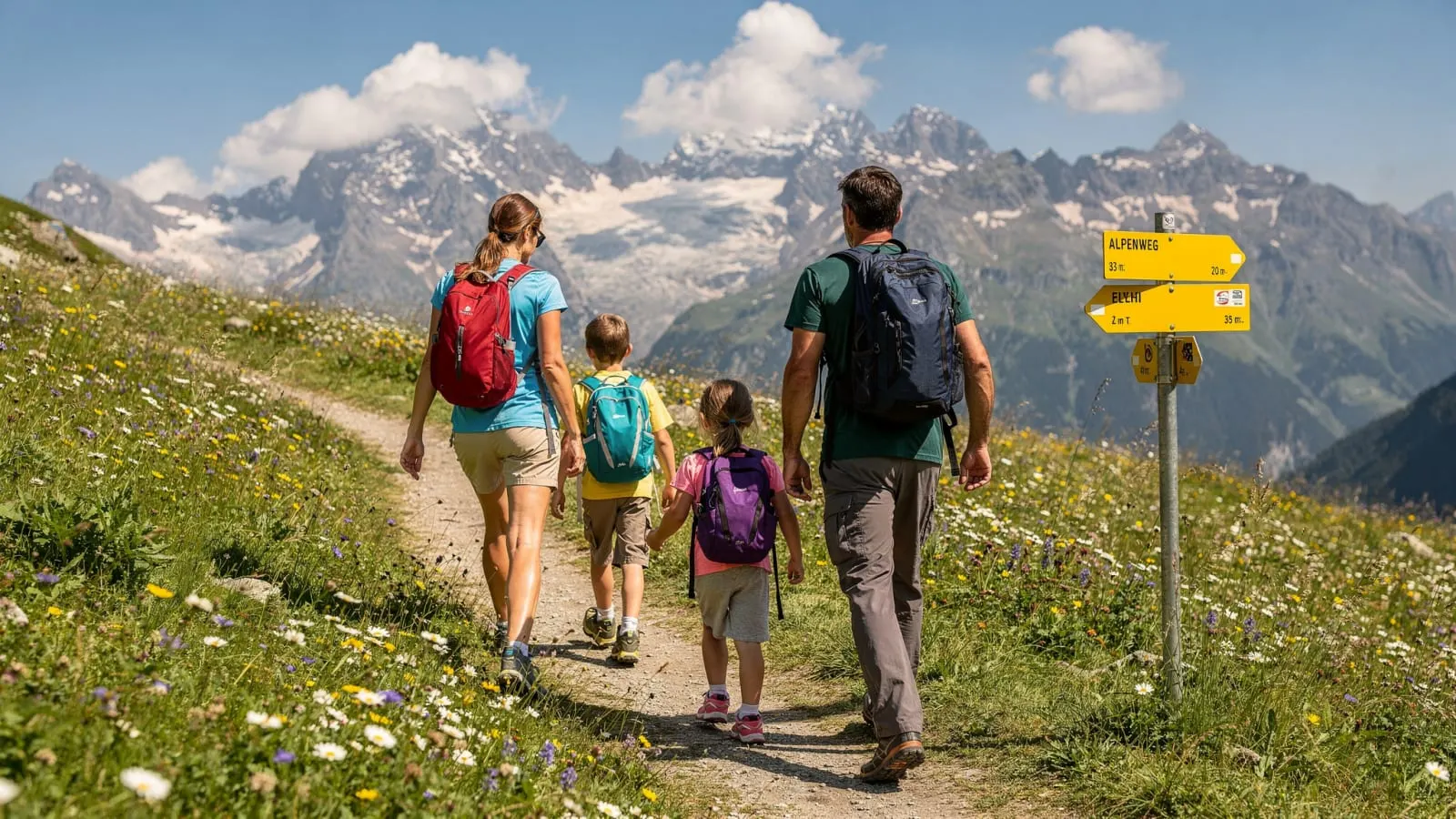Familie mit zwei Kindern wandert über eine blühende Alpwiese mit Wegweiser
