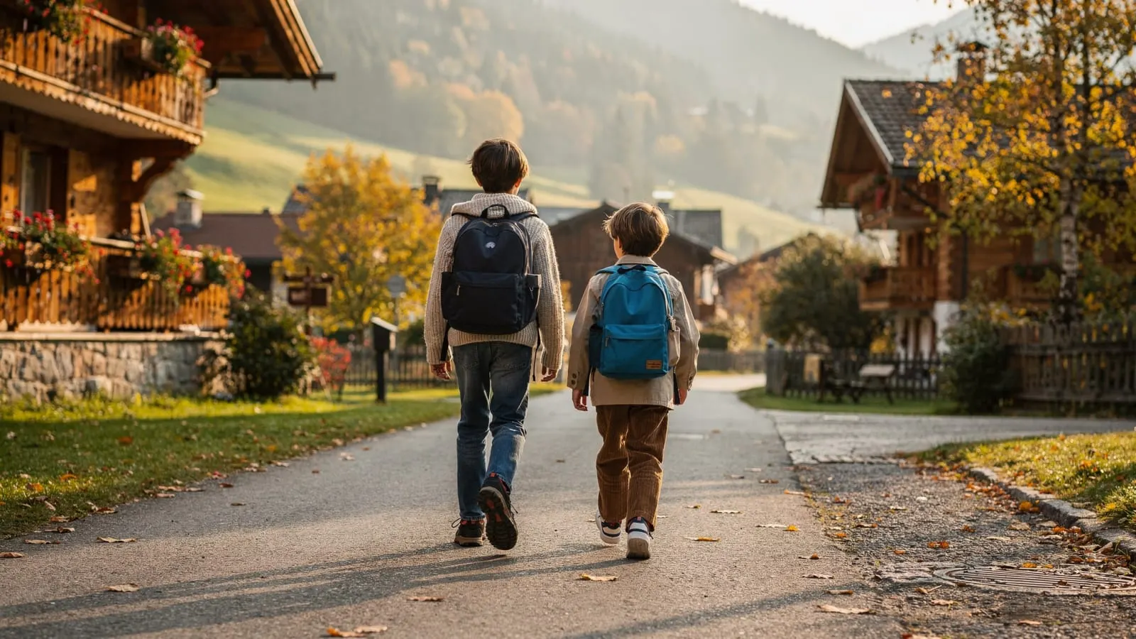 Zwei Kinder gehen allein zur Schule durch ein Dorf