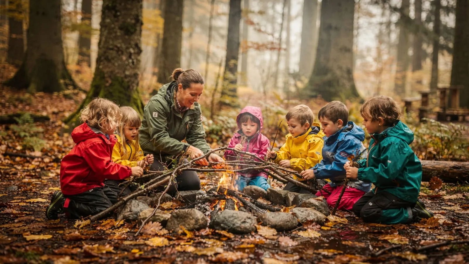 Kindergartenkinder im Wald mit Lehrerin